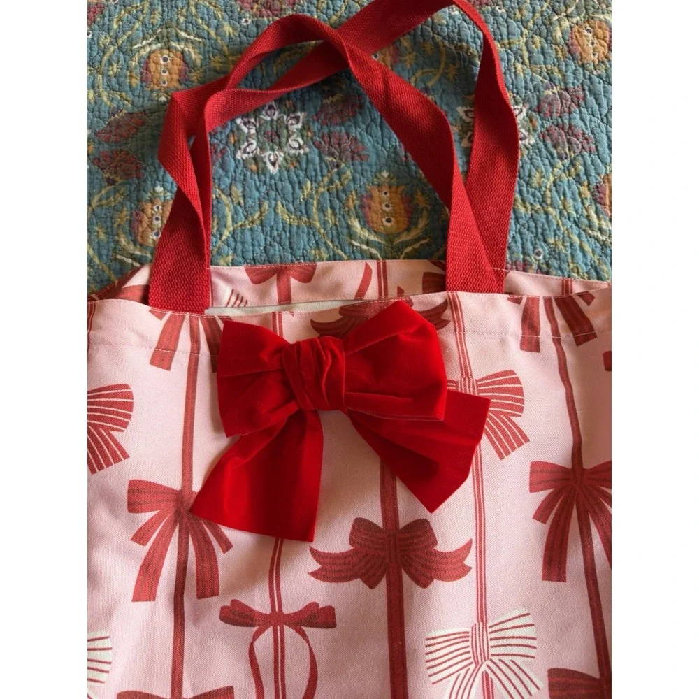 2 Pink Red Bow Print Tote Bag Canvas Large Shoulder Bag Preppy Coquette‎